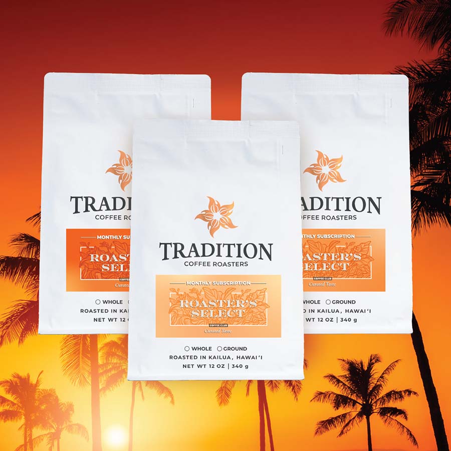 Three bags of Tradition Coffee Roasters on a sunset background with palm trees.