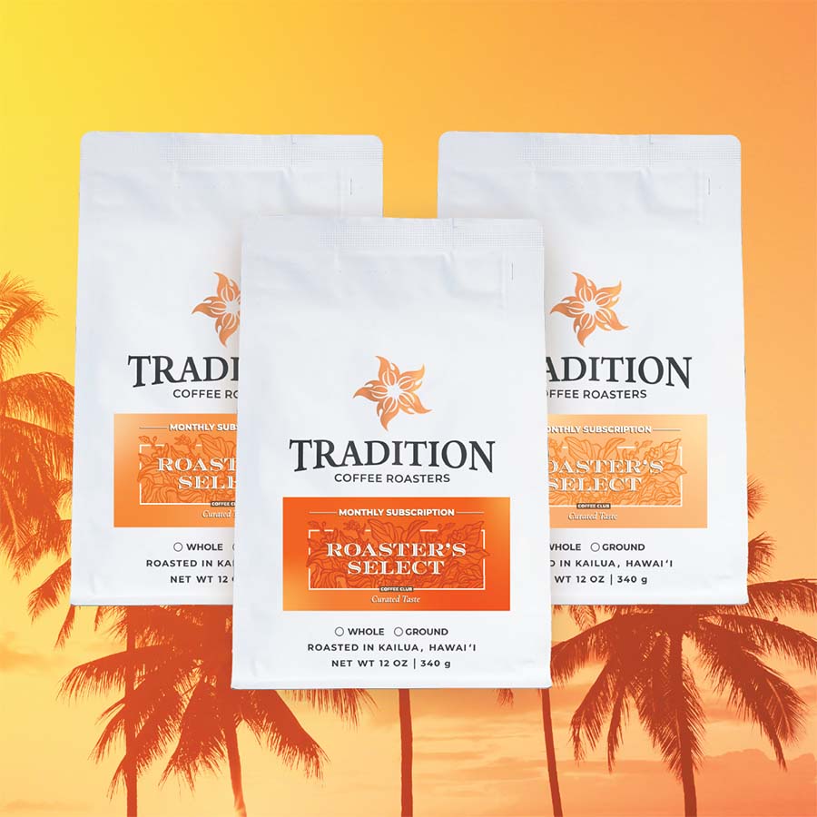 Three packages of Tradition Coffee Roasters on a yellow background with palm tree silhouettes.