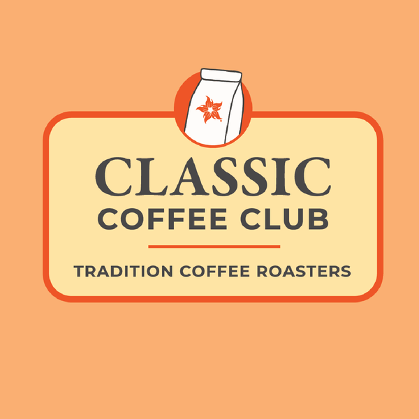 A flat vector-style logo or label reading 'CLASSIC COFFEE CLUB' with 'TRADITION COFFEE ROASTERS' below, on a peach background. A small illustrated coffee bag with an orange star appears above the text.