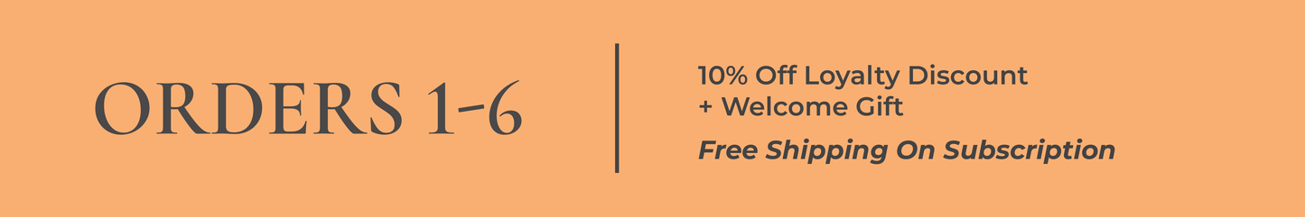 A peach-colored banner with dark gray text reading 'ORDERS 1-6' and additional text about a 10% off loyalty discount, welcome gift, and free shipping on subscription.