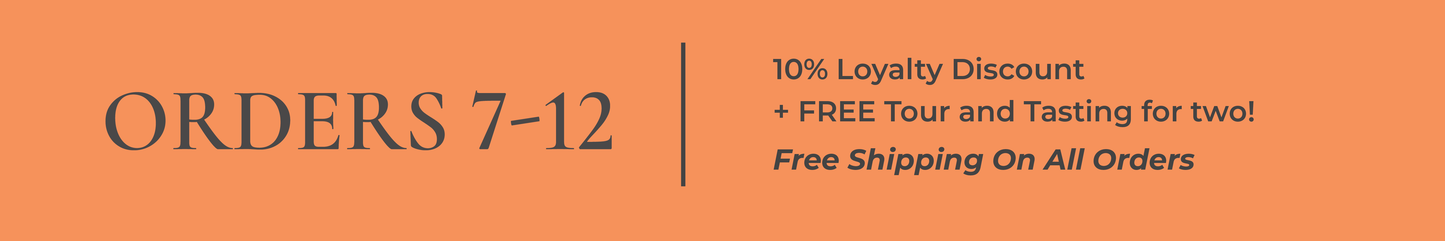 Promotional banner on a solid orange background with dark gray text reading 'ORDERS 7-12' and details about a 10% loyalty discount, free tour and tasting for two, and free shipping on all orders