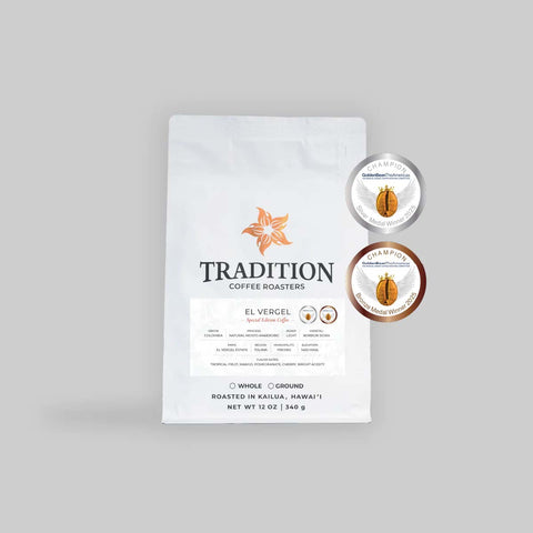 A bag of Tradition Coffee Roasters El Vergel single-origin coffee beans, displayed as a clean product shot