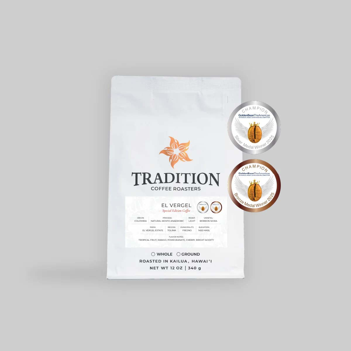 A bag of Tradition Coffee Roasters El Vergel single-origin coffee beans, displayed as a clean product shot