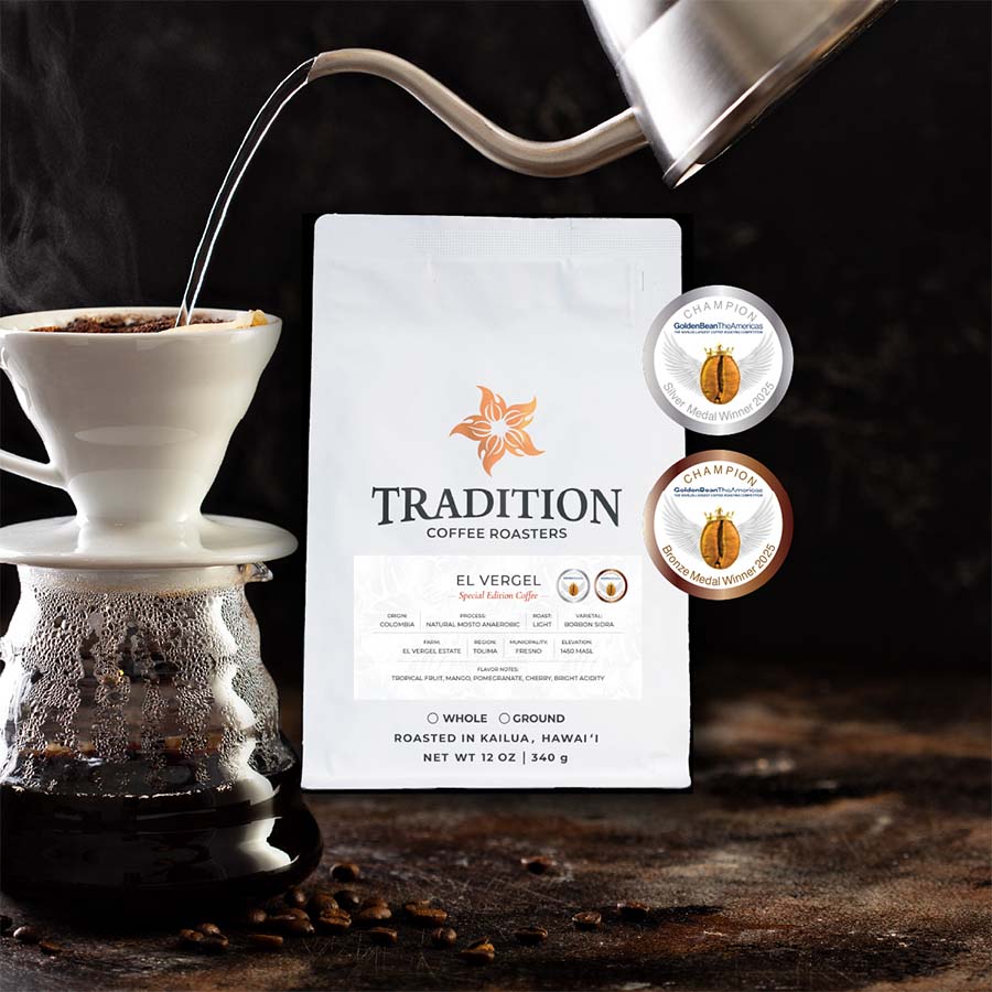 Tradition Coffee Roasters package with a coffee brewing setup on a dark background