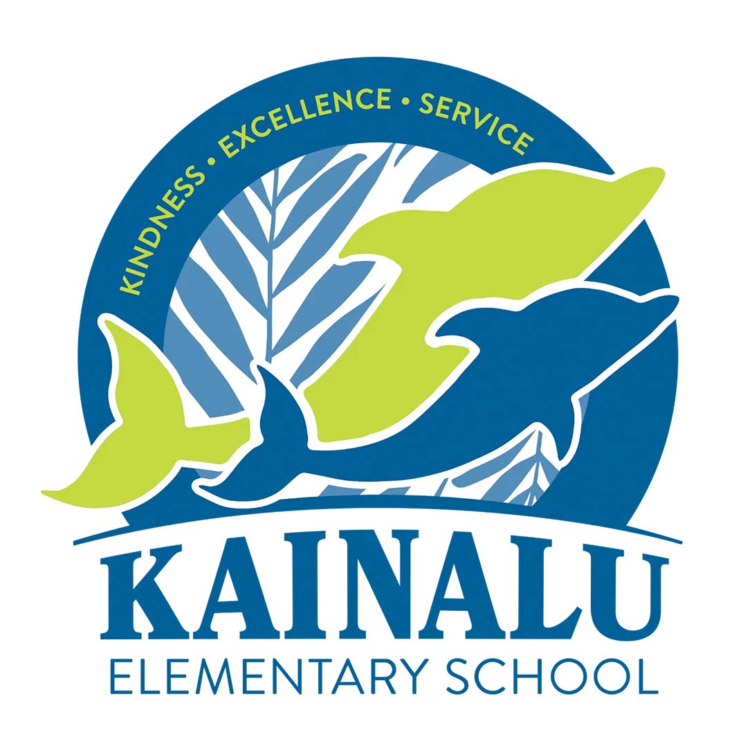 Logo of Kainalu Elementary School with dolphins and school values on a white background
