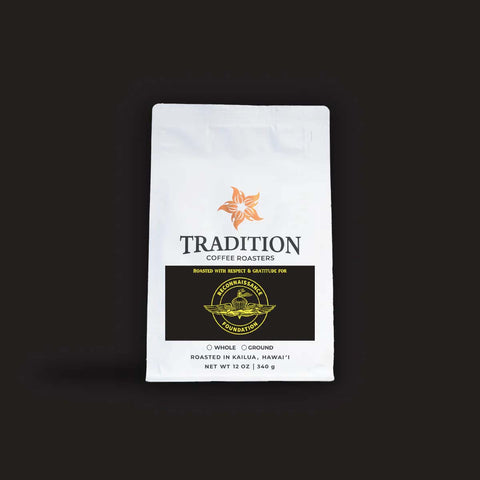 Marine Recon specialty coffee bag from Tradition Coffee Roasters on a dark background