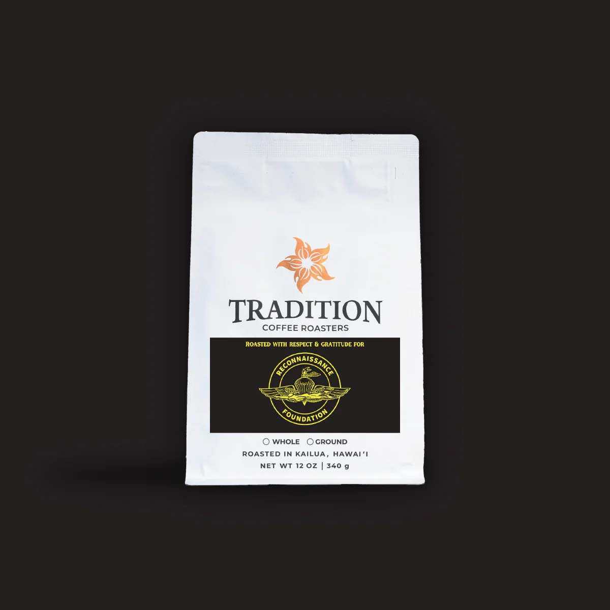 Marine Recon specialty coffee bag from Tradition Coffee Roasters on a dark background