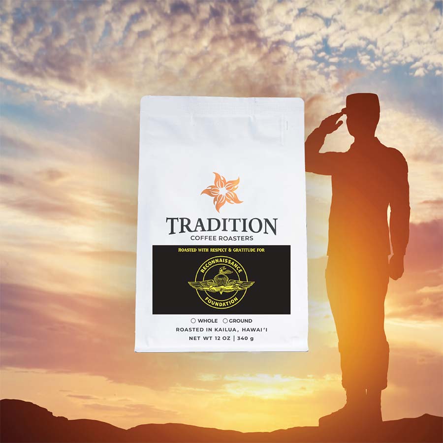 Tradition Coffee Roasters package with a silhouette of a person saluting against a sunset sky.