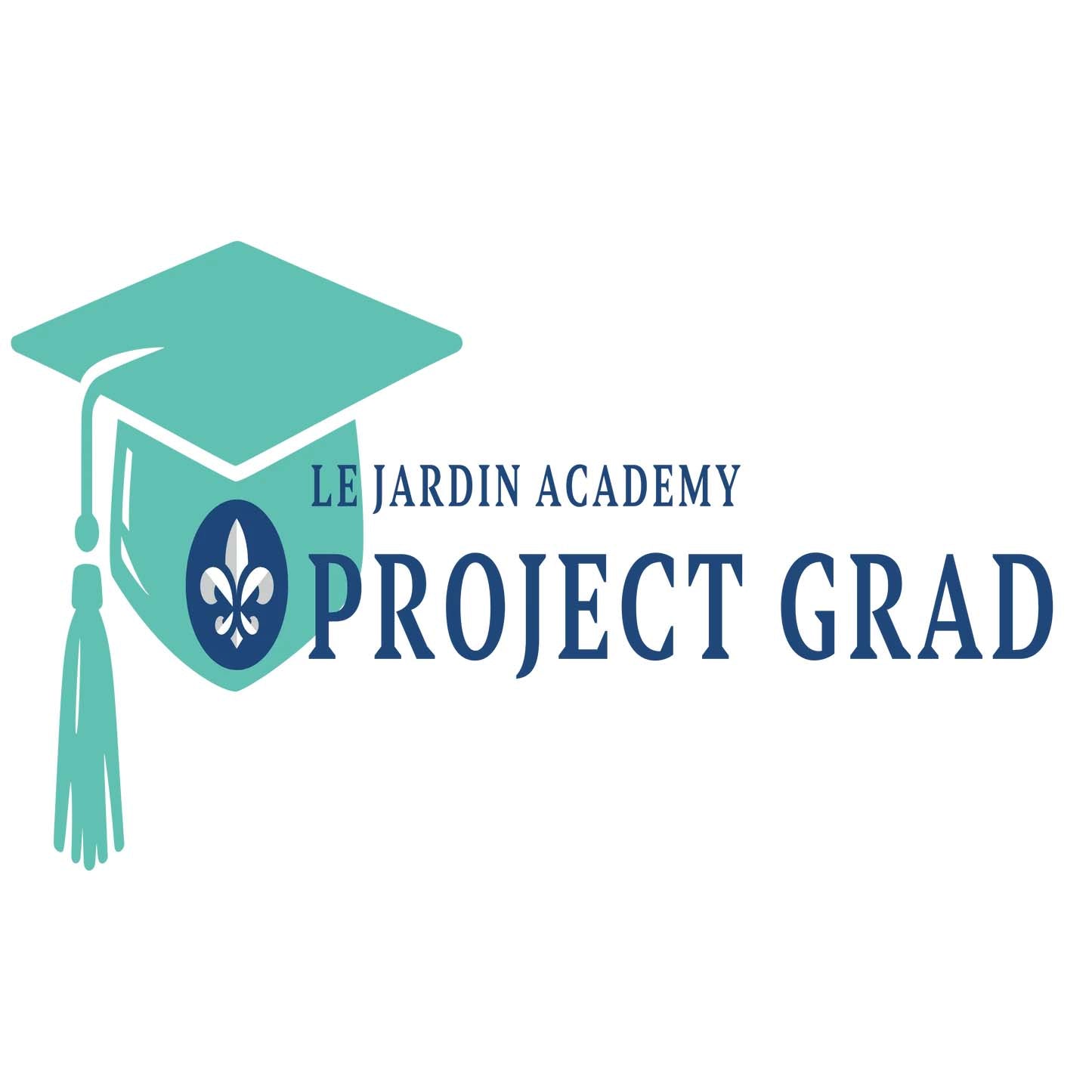 Logo for Le Jardin Academy Project Grad, featuring a teal graduation cap with a hanging tassel and a blue shield emblem containing a white fleur-de-lis