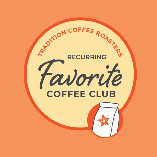 A graphic logo for 'Favorite Coffee Club' by Tradition Coffee Roasters, featuring a central cream-colored circle with dark gray text on a solid orange background, with a small white coffee bag illustration in the lower right.