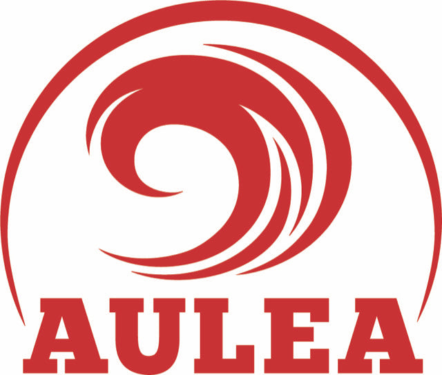 A red stylized logo with a swirling emblem inside a semi-circular outline above the word AULEA in bold red letters on a white background.