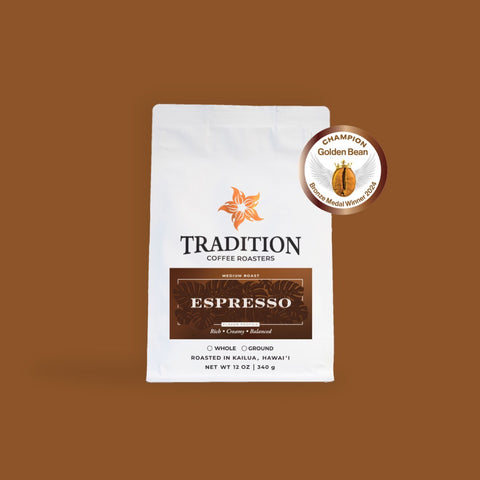Tradition Coffee Roasters Espresso coffee package on a brown background