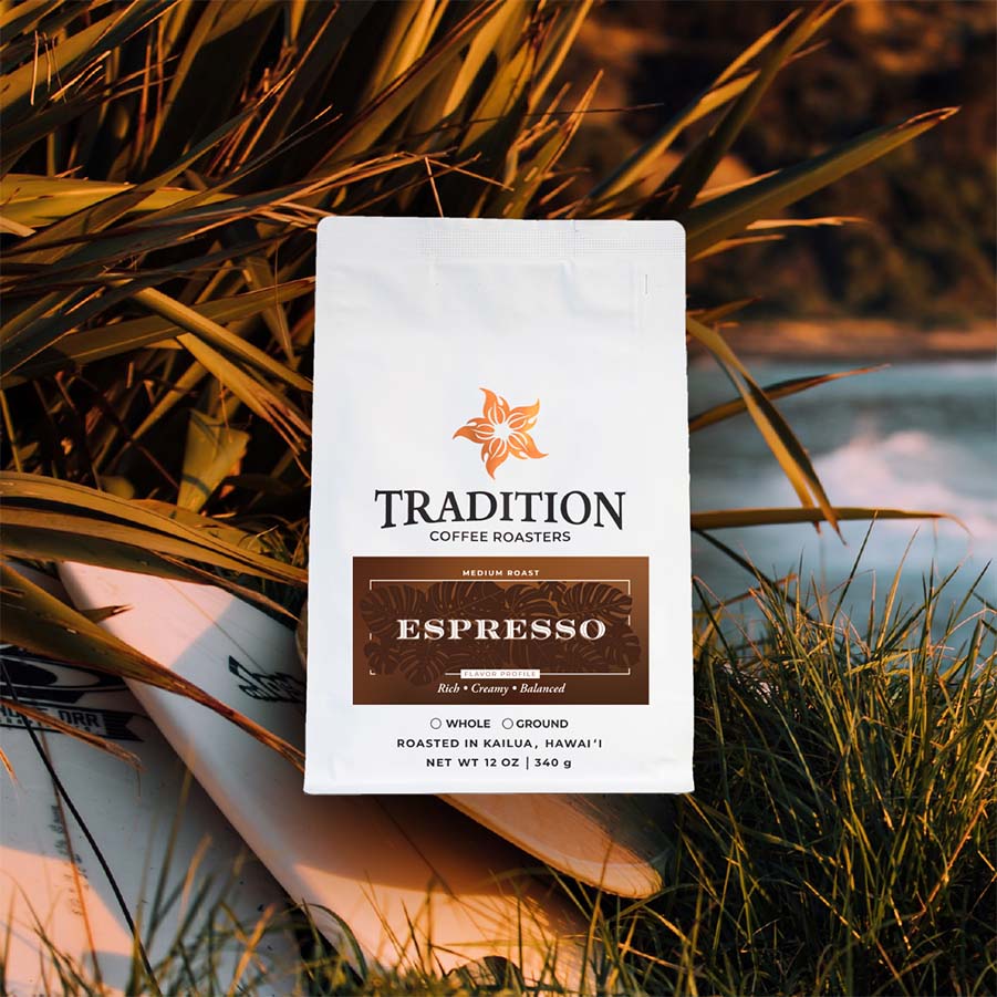 Tradition Coffee Roasters Espresso coffee bag with a scenic background