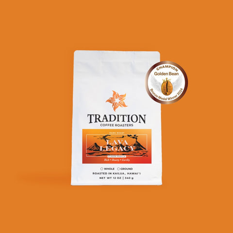 Tradition Coffee Roasters package with a gold medal award on an orange background